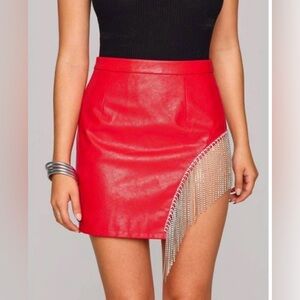 Faux leather Crystal Fringe Mini Skirt. Cherry red / maroon/ burgundy. M. NWT